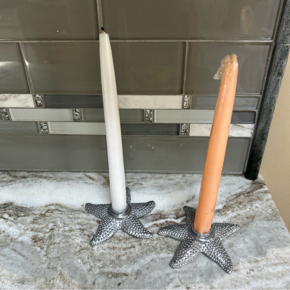 PAIR OF MARIPOSA PEARL DESIGN METAL Silver Nautical Starfish Taper Candle Holder